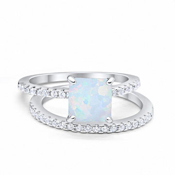 Two Piece Engagement Ring Asscher Cut Lab Created White Opal 925 Sterling Silver
